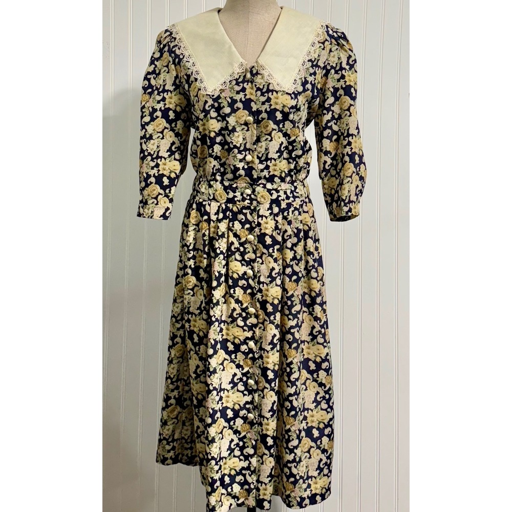 Vintage 80s Breli II Floral Prairie Dress Lace Sailor Collar Navy Yellow Size 14